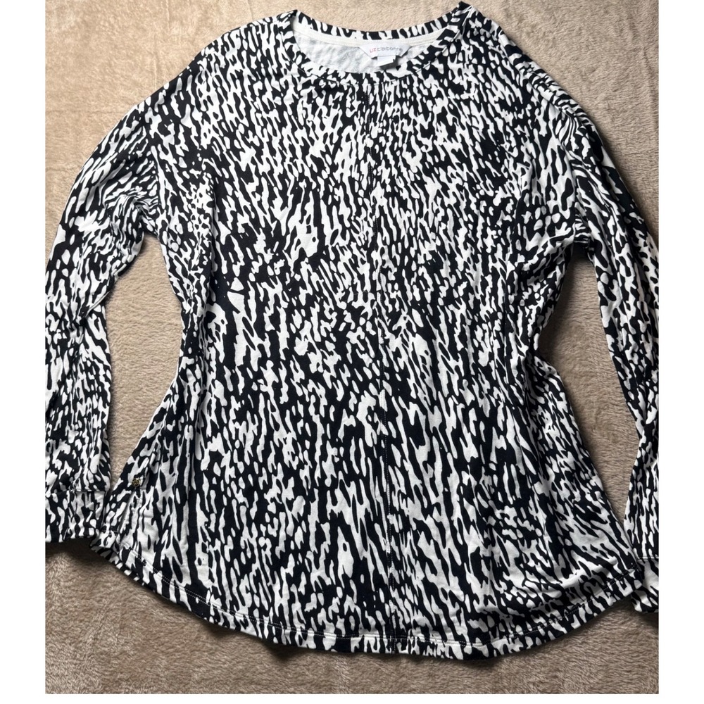 Liz Claiborne Womens Black White Abstract Animal Print Long Sleeve Top Large